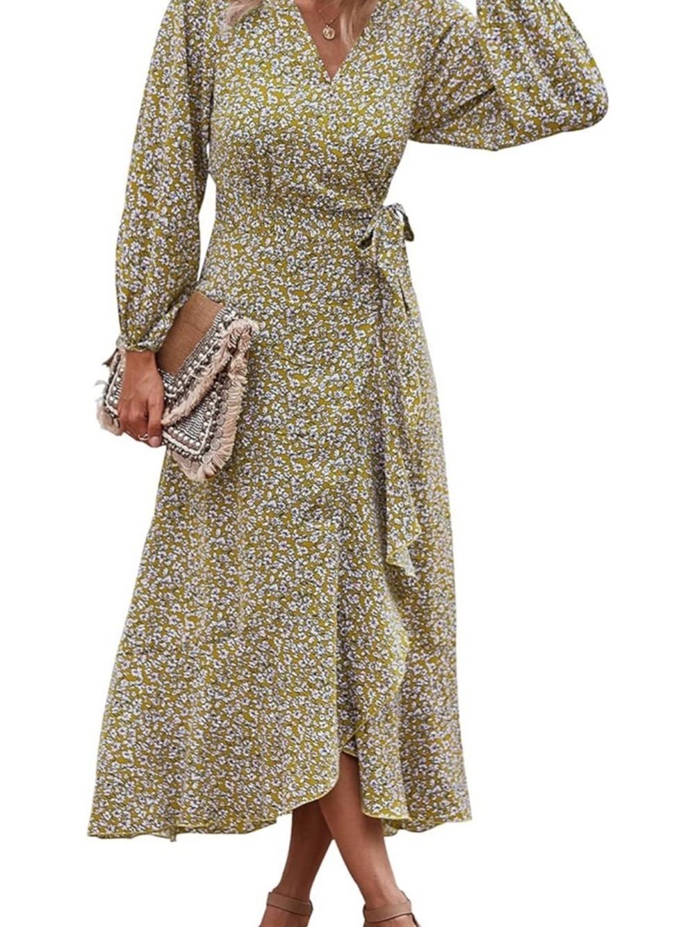 PrettyGarden Maxi Dress Floral Long Sleeve Yellow Wrap Garden Party Tiered XXL